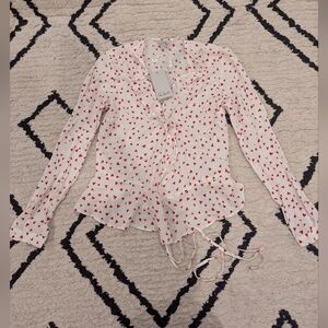 Rails White Ruffle V-Neck Blouse with Red Heart Print X-Small